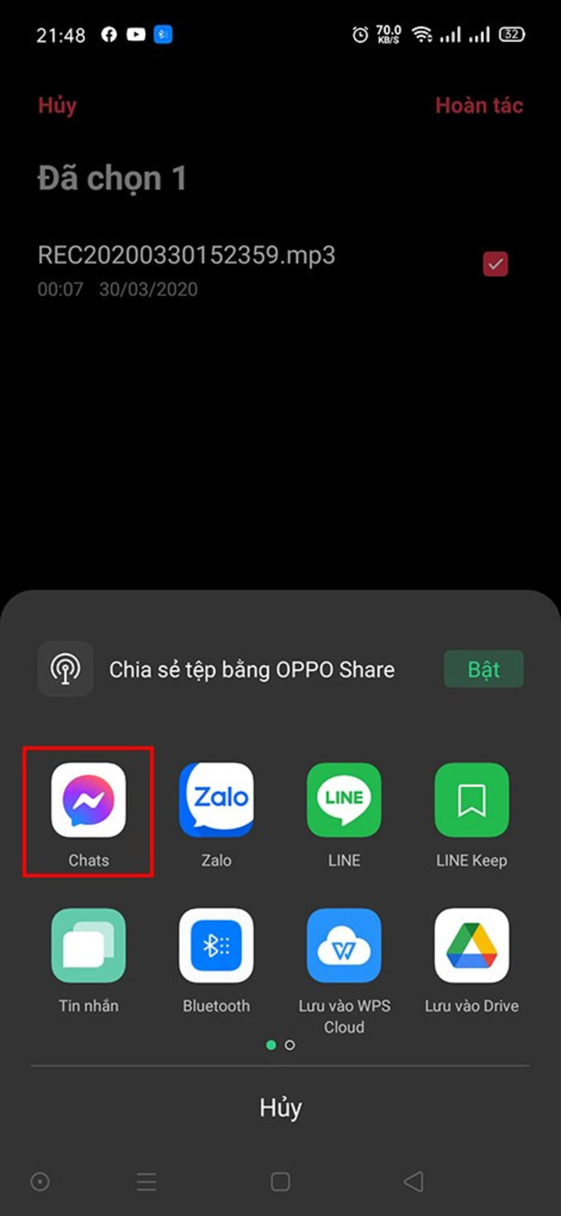 Chia sẻ file ghi âm qua ứng dụng Messenger