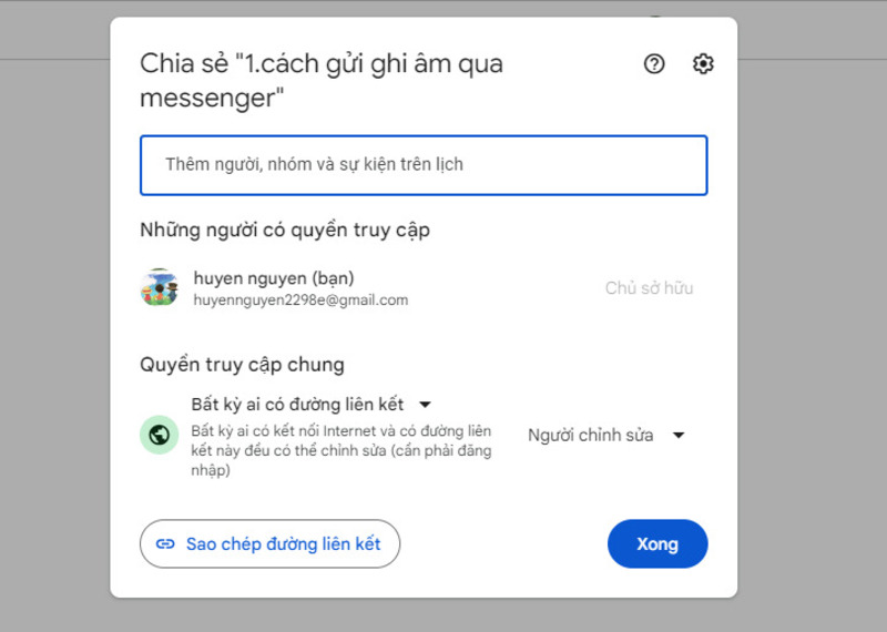 Lấy link Google Drive chứa tệp ghi âm để chia sẻ cho bạn bè